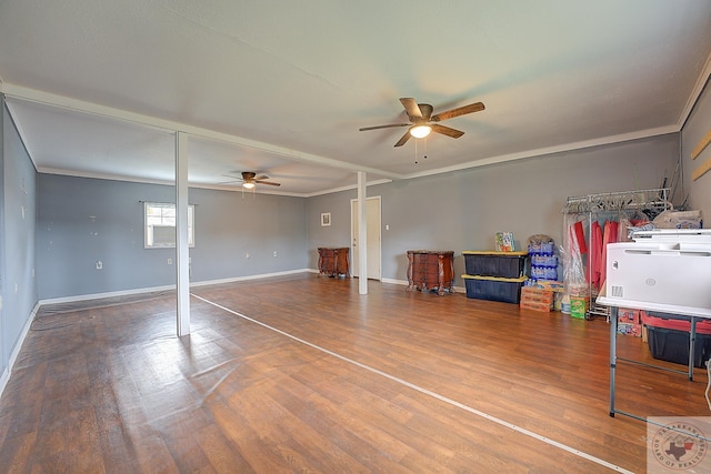 playroom featuring ceiling fan, wood-type flooring, and crown molding