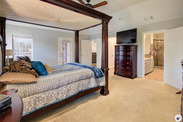 14 White Willow Pl, Texarkana, AR 71854 - bedroom with light carpet, ensuite bathroom, and a ceiling fan