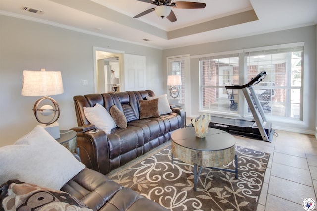 14 White Willow Pl, Texarkana, AR 71854 - living room with a ceiling fan, crown molding, a tray ceiling, and tile patterned floors