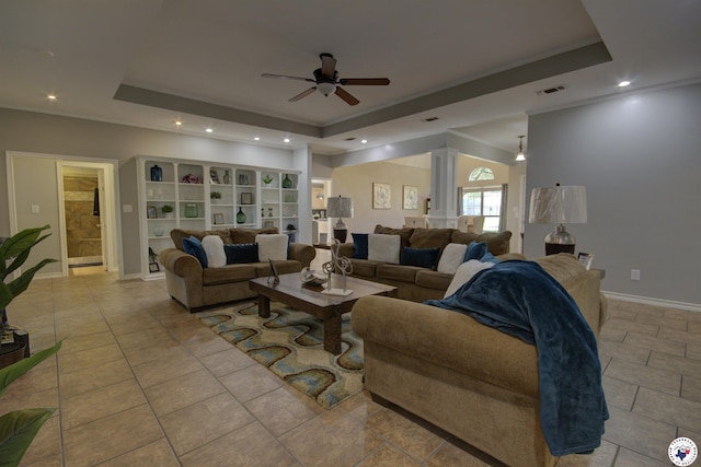 14 White Willow Pl, Texarkana, AR 71854 - tiled living room with a raised ceiling, ceiling fan, and recessed lighting