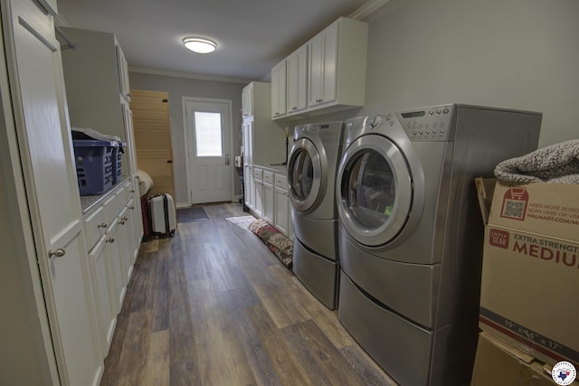 14 White Willow Pl, Texarkana, AR 71854 - laundry area with cabinet space, washer and clothes dryer, crown molding, and dark wood finished floors