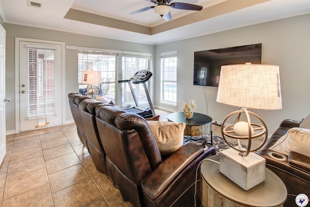 14 White Willow Pl, Texarkana, AR 71854 - living area with a ceiling fan, a tray ceiling, crown molding, and tile patterned floors