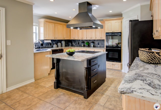 14 White Willow Pl, Texarkana, AR 71854 - kitchen featuring island range hood, crown molding, light brown cabinets, black appliances, and a kitchen island
