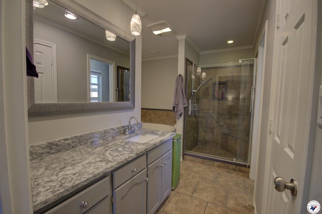 14 White Willow Pl, Texarkana, AR 71854 - full bath with ornamental molding, vanity, a shower stall, tile patterned flooring, and recessed lighting