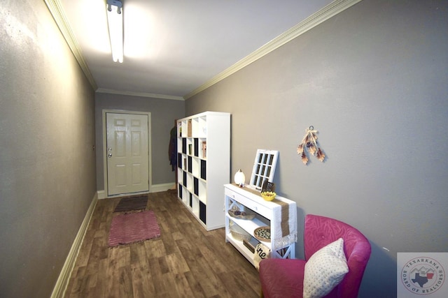 hallway with ornamental molding and dark hardwood / wood-style flooring