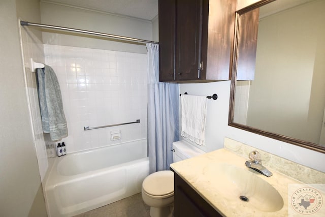 full bathroom with toilet, shower / bath combination with curtain, and vanity