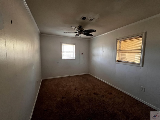 unfurnished room featuring carpet, ceiling fan, and ornamental molding