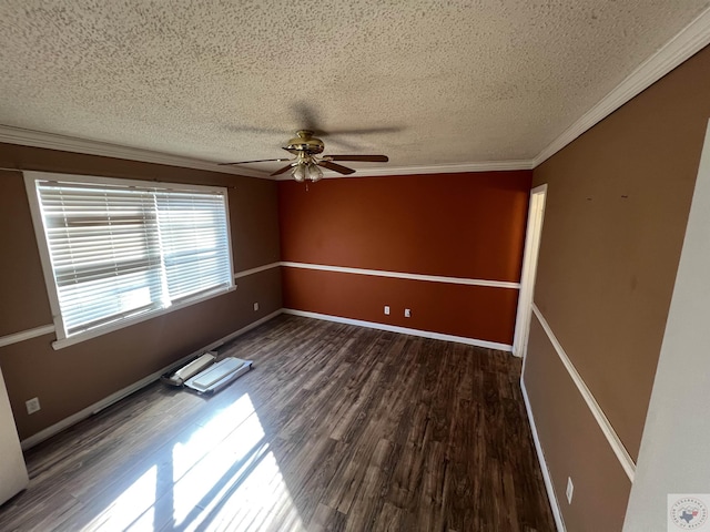 empty room with dark wood-type flooring, ceiling fan, crown molding, and a textured ceiling