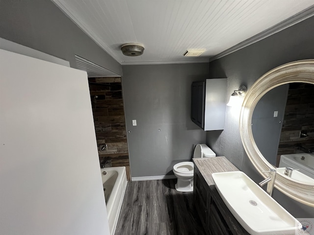 full bathroom with hardwood / wood-style flooring, vanity, ornamental molding, wood ceiling, and toilet