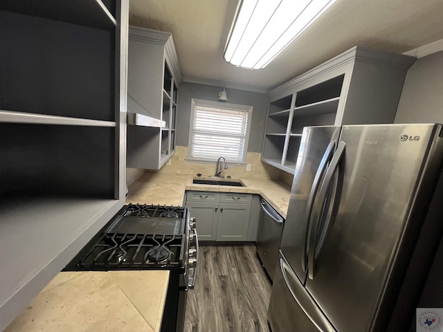 kitchen with sink, gray cabinets, stainless steel appliances, and wood-type flooring