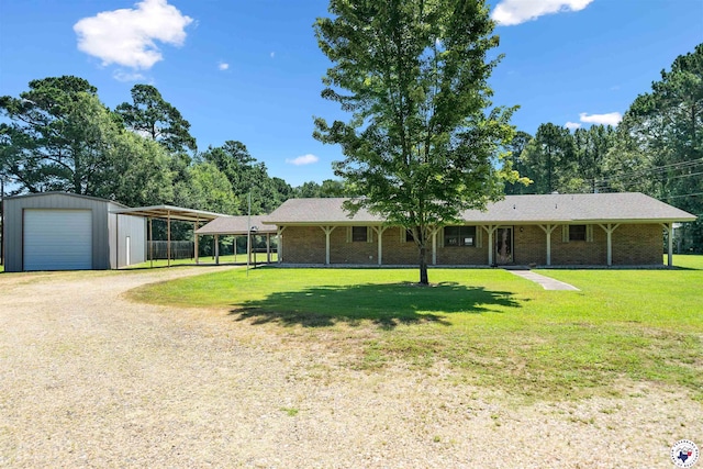 6514 Buchanan Loop, Texarkana, TX 75501 - single story home featuring a front lawn, an outbuilding, dirt driveway, a garage, and brick siding