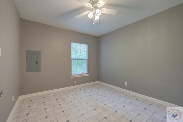 empty room featuring ceiling fan and electric panel