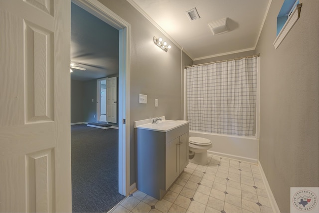 full bathroom featuring toilet, shower / tub combo, ornamental molding, vanity, and ceiling fan