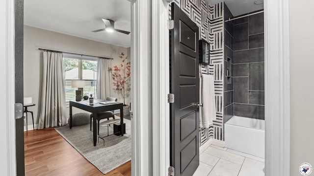 6917 Woodmere Ct, Texarkana, TX 75503 - full bath with a ceiling fan, shower / tub combo with curtain, and wood finished floors