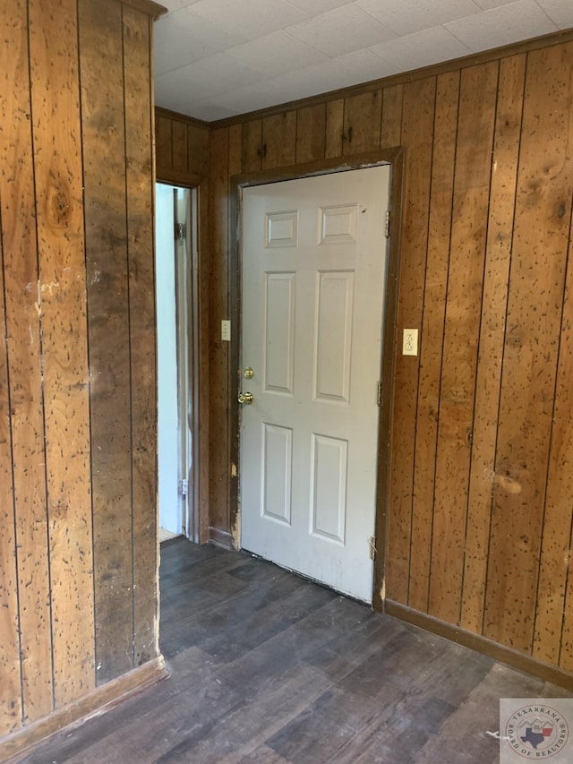 interior space featuring dark wood-type flooring and wooden walls