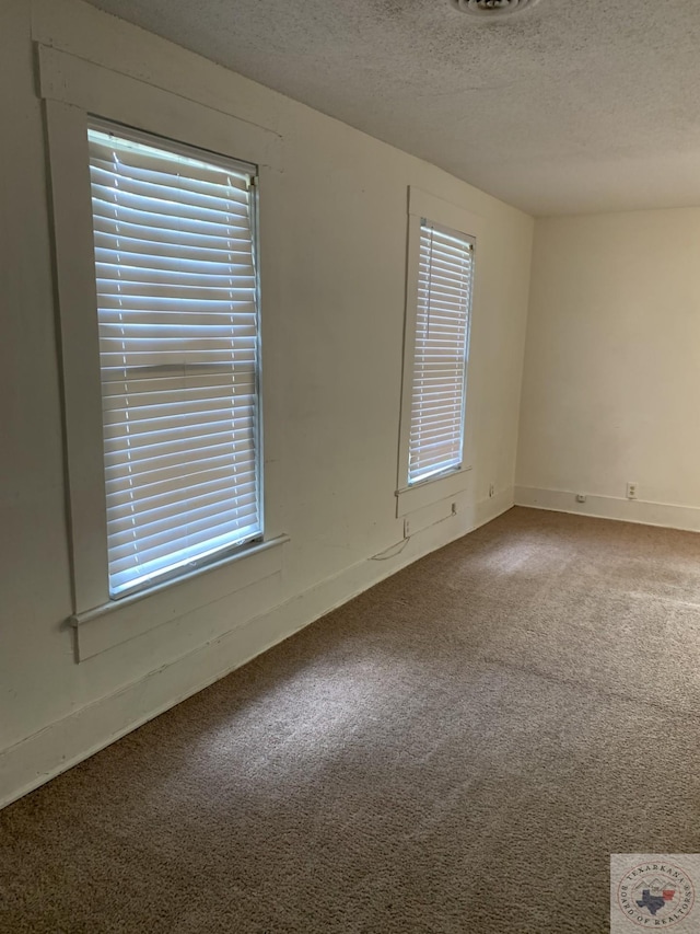 carpeted empty room featuring a healthy amount of sunlight and a textured ceiling