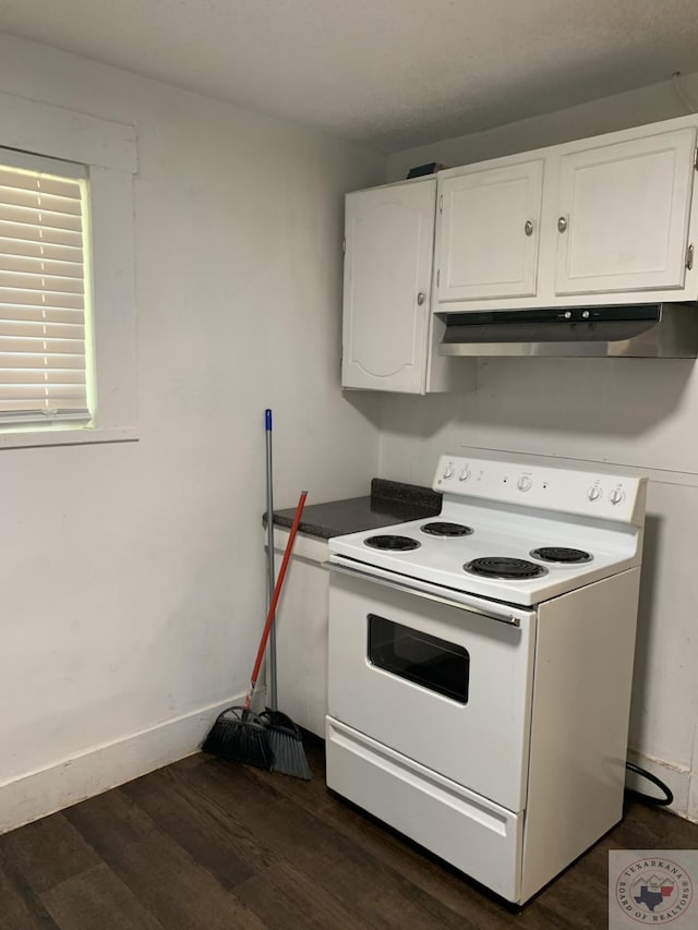 kitchen with white electric range, white cabinetry, and dark hardwood / wood-style floors