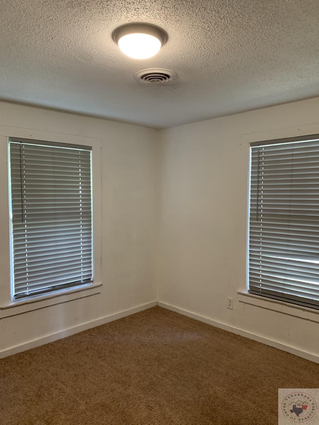 unfurnished room featuring carpet and a textured ceiling