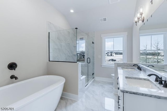 bathroom featuring a healthy amount of sunlight, visible vents, a sink, and double vanity