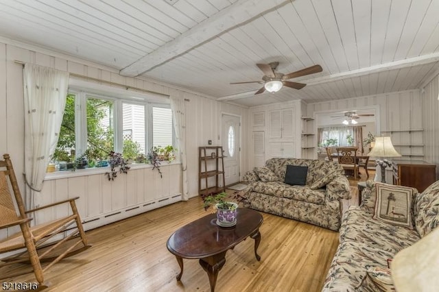 740 Mountain Ave, Bridgewater Twp, NJ 08805 - living room featuring light wood-type flooring, healthy amount of natural light, a ceiling fan, wood ceiling, and a baseboard radiator