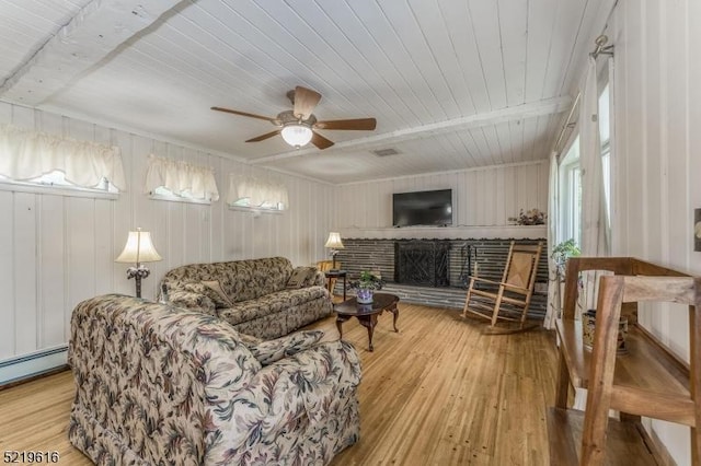 740 Mountain Ave, Bridgewater Twp, NJ 08805 - living room with wood ceiling, light wood-style floors, healthy amount of natural light, and ceiling fan