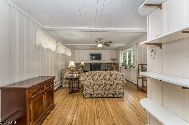 740 Mountain Ave, Bridgewater Twp, NJ 08805 - living area with baseboard heating, light wood-style flooring, a ceiling fan, a brick fireplace, and wooden ceiling