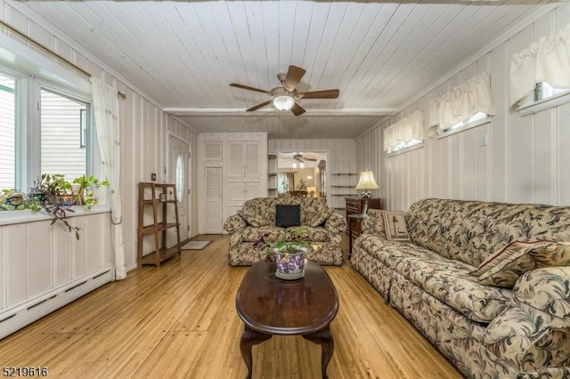 740 Mountain Ave, Bridgewater Twp, NJ 08805 - living area with a baseboard radiator, a ceiling fan, light wood-type flooring, wood ceiling, and wooden walls