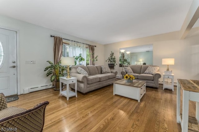 740 Mountain Ave, Bridgewater Twp, NJ 08805 - living room with a baseboard heating unit, light wood finished floors, and baseboard heating