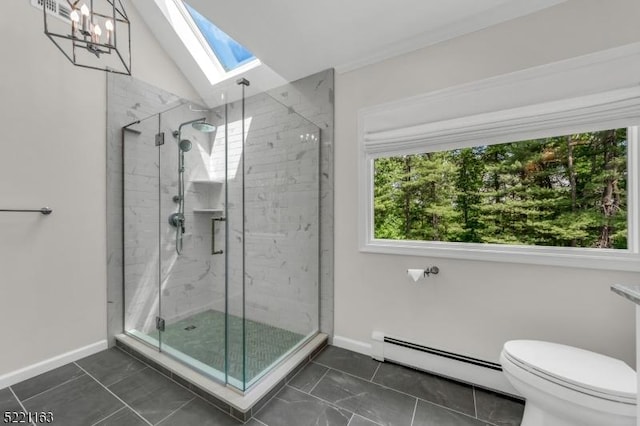 18 Cider Mill Ln, Washington Twp, NJ 07865 - bathroom with a baseboard heating unit, a skylight, healthy amount of natural light, a stall shower, and lofted ceiling