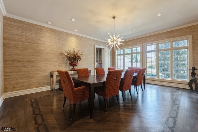 dining space featuring crown molding, an inviting chandelier, and dark wood-type flooring