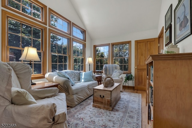 interior space with high vaulted ceiling and light wood-type flooring