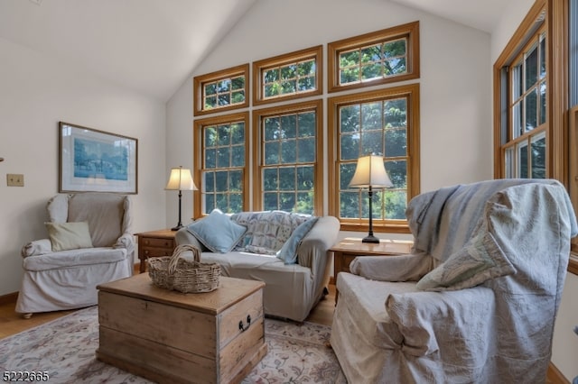 living room featuring high vaulted ceiling and light wood-type flooring