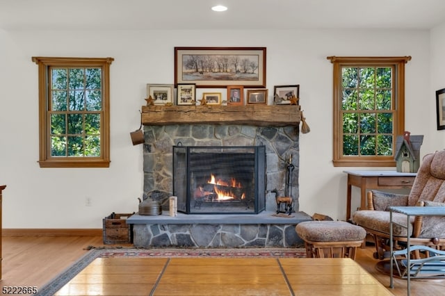 interior space featuring a fireplace and light hardwood / wood-style flooring