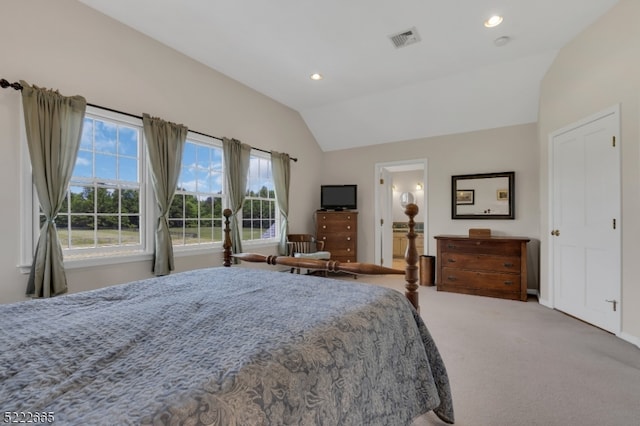 bedroom featuring lofted ceiling, ensuite bathroom, and carpet