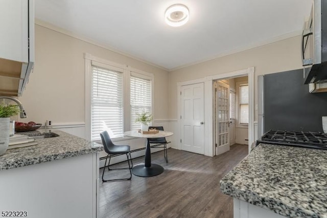 kitchen featuring crown molding, dark wood-style floors, a baseboard radiator, and stainless steel appliances