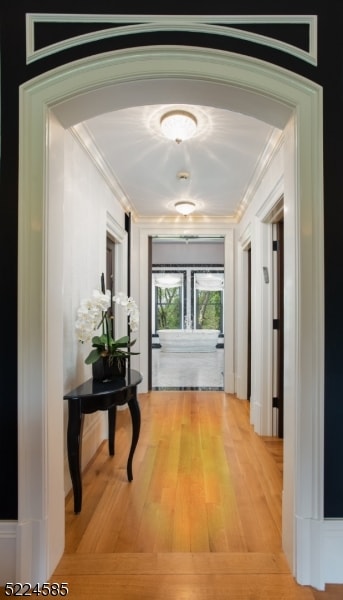 hallway with ornamental molding and light hardwood / wood-style floors