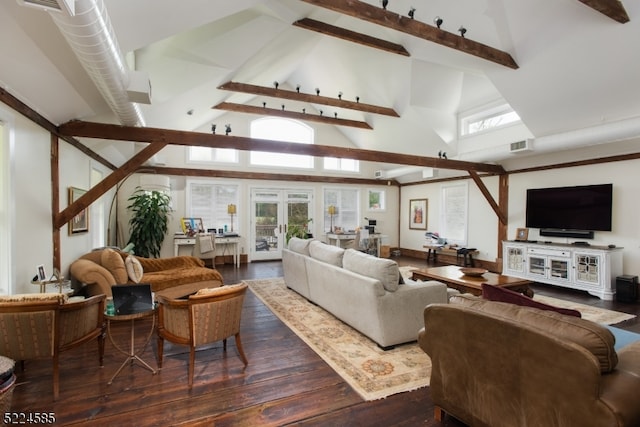 living room with beamed ceiling, high vaulted ceiling, dark wood-type flooring, and french doors