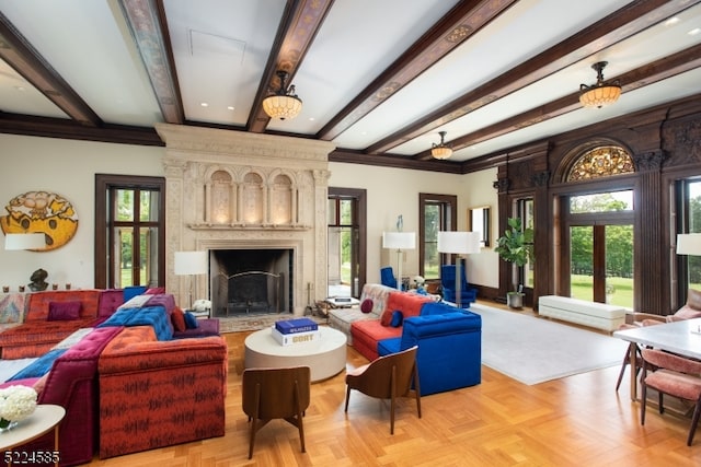 living room featuring light parquet floors, ornamental molding, a large fireplace, and beam ceiling