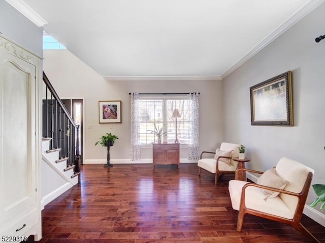 living area featuring crown molding, stairway, and wood finished floors