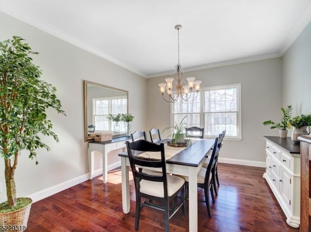 dining area with plenty of natural light, crown molding, and dark wood-type flooring