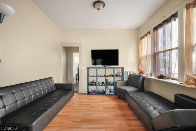 living room with light wood-style flooring and radiator heating unit