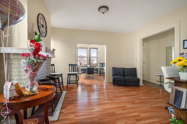 living area featuring a fireplace and wood finished floors