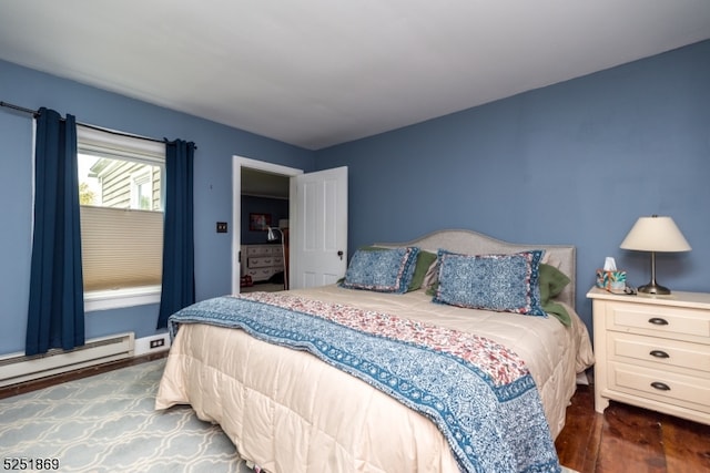 bedroom with dark wood-type flooring and baseboard heating