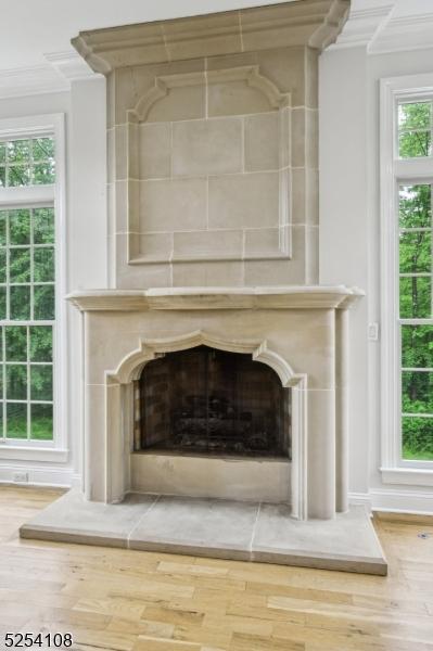 30 Clairvaux Ct, Bernards Twp, NJ 07920 - detailed view of a fireplace with raised hearth, ornamental molding, and wood finished floors