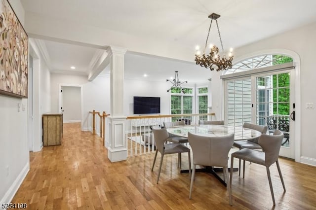 30 Clairvaux Ct, Bernards Twp, NJ 07920 - dining room featuring plenty of natural light, decorative columns, light wood finished floors, recessed lighting, and ornamental molding