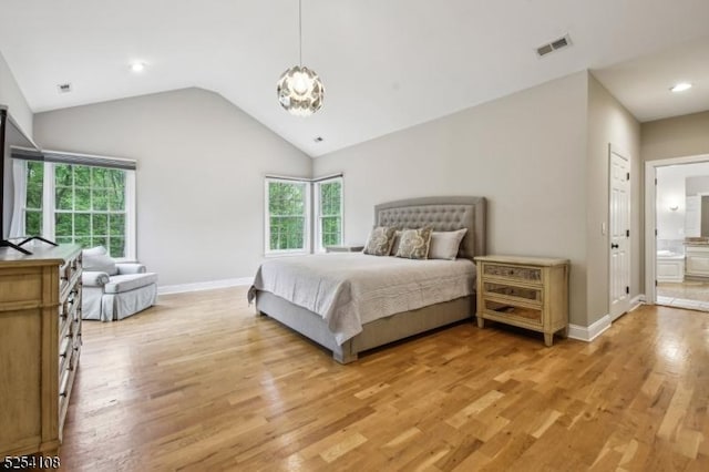 30 Clairvaux Ct, Bernards Twp, NJ 07920 - bedroom with light wood-style flooring, multiple windows, lofted ceiling, a chandelier, and recessed lighting