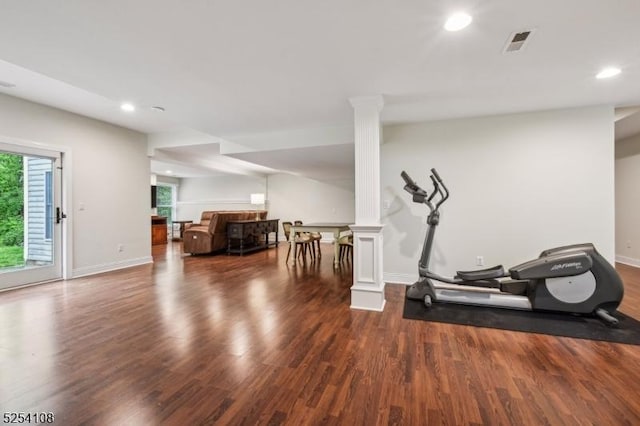 30 Clairvaux Ct, Bernards Twp, NJ 07920 - workout room featuring ornate columns, recessed lighting, wood finished floors, and baseboards