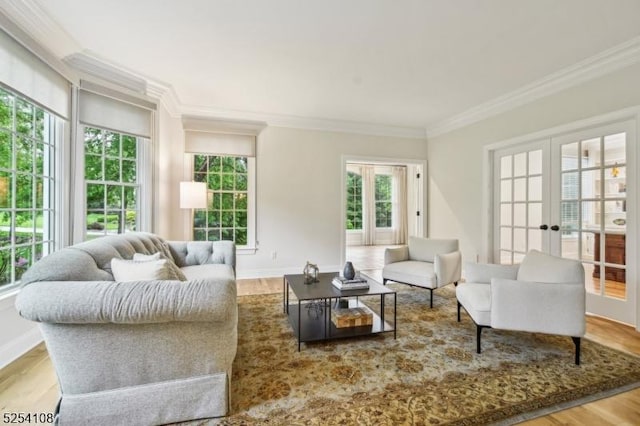 30 Clairvaux Ct, Bernards Twp, NJ 07920 - living room featuring french doors, crown molding, wood finished floors, and baseboards