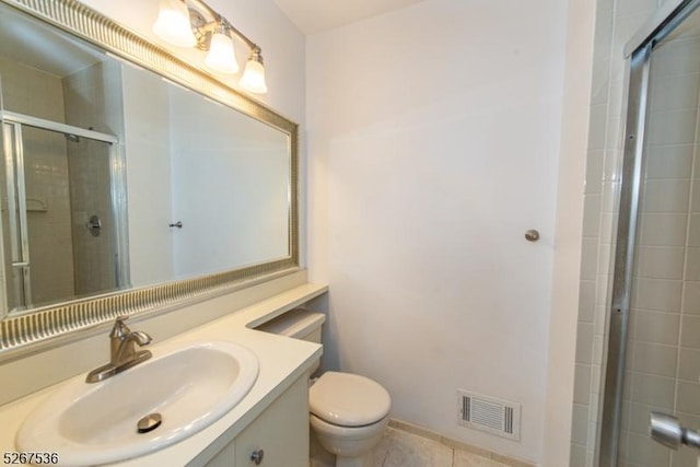 full bathroom with visible vents, toilet, tile patterned floors, vanity, and a shower stall