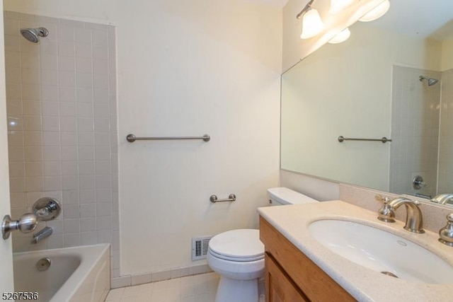 bathroom with toilet, washtub / shower combination, baseboards, and vanity